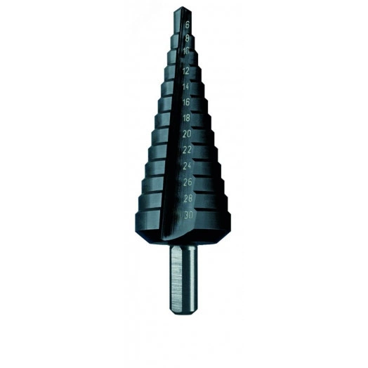 Сверло ступенчатое, HSS TiAlN, Gr.1, d 4-12 мм, прямая канавка, трехплоскостной хвостовик, CBN шлифовка