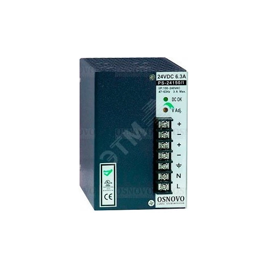Блок питания промышленный. DC24V, 6,3A(150W). Диапазон входных напряжений AC100-240V. КПД 82%.