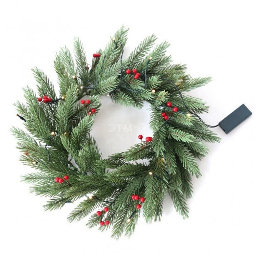 Еловый домашний венок с ягодами и гирляндой NEON-NIGHT ? 45 см, 20 LED, 2 х АА, литой, теплое белое свечение