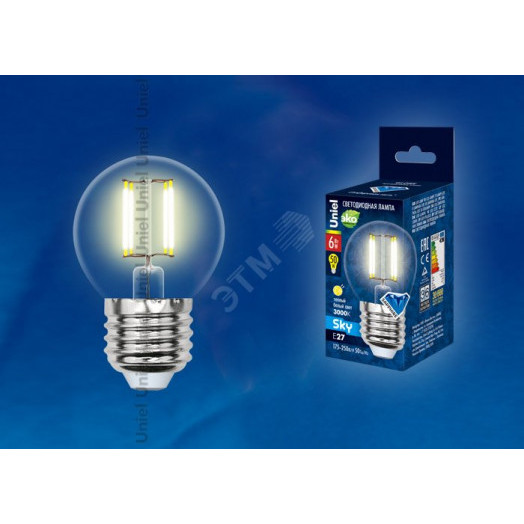 Лампа светодиодная LED 6вт 200-250В шар прозрачное 500Лм Е27 3000К Uniel Sky филамент