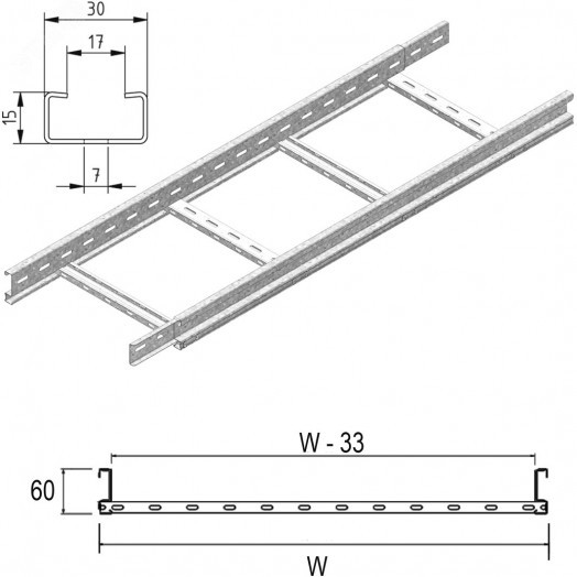 Кабельный лоток лестничного типа с телескопическими концами серии LIGHT, высота - 60 мм, ширина - 200 мм, длина - 3000 мм, кратность - 3м, I6 - Нержавеющая сталь (316)