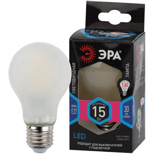 Лампа светодиодная F-LED A60-15W-840-E27 frost  (филамент, груша мат., 15Вт, нейтр, Е27) (10/100/1500) ЭРА