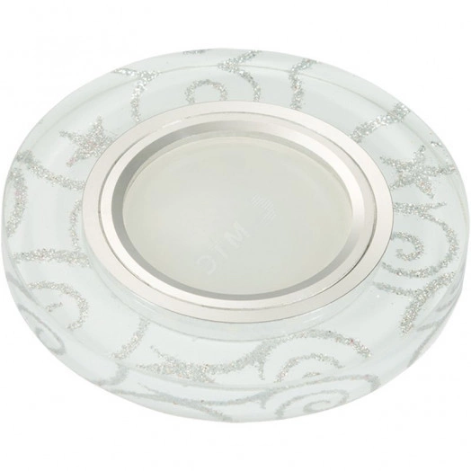 DLS-L202 GU5.3 CHROME/WHITE Светильник декоративный встраиваемый, серия Luciole. Без лампы. Доп.подсветка 3Вт. Металл, цвет хром. Отделка стекло белое с серебром. ТМ Fametto.