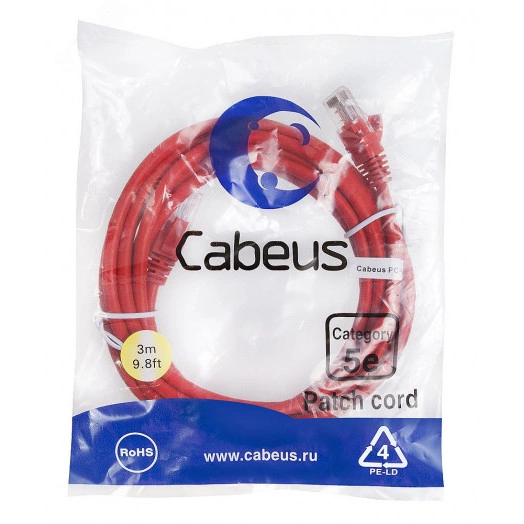 Патч-корд PC-UTP-RJ45-Cat.5e-3m-RD U/UTP, категория 5е, 2xRJ45/8p8c, неэкранированный, красный, PVC, 3м
