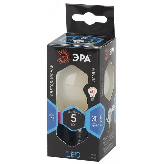 Лампа светодиодная филаментная F-LED P45-5W-840-E14 frost (филамент, шар мат., 5Вт, нейтр, E14 (10/100/3000) ЭРА
