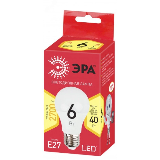 Лампа светодиодная ECO LED A60-6W-827-E27  (диод, груша, 6Вт, тепл, E27), (10/100/1200) ЭРА