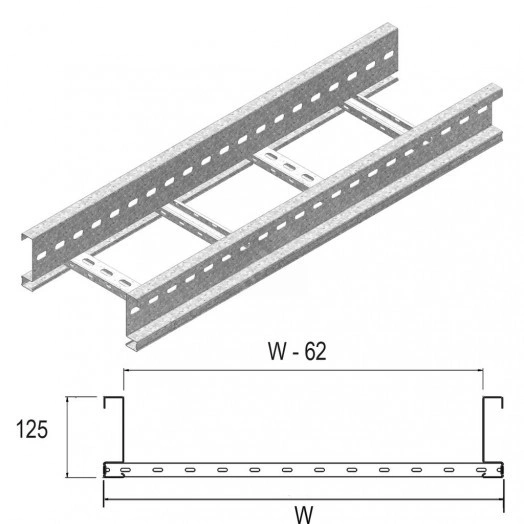 Кабельный лоток лестничного типа серии MEDIUM HEAVY, высота - 125 мм, ширина - 300 мм, длина - 6000 мм, кратность - 6м, ZM - Оцинкованная сталь (цинк-магниевое покрытие MAGNELIS)
