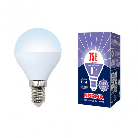 Лампа светодиодная LED-G45-9W/DW/E14/FR/NR Форма шар, матовая. Серия Norma. Дневной белый свет (6500K). Картон. ТМ Volpe