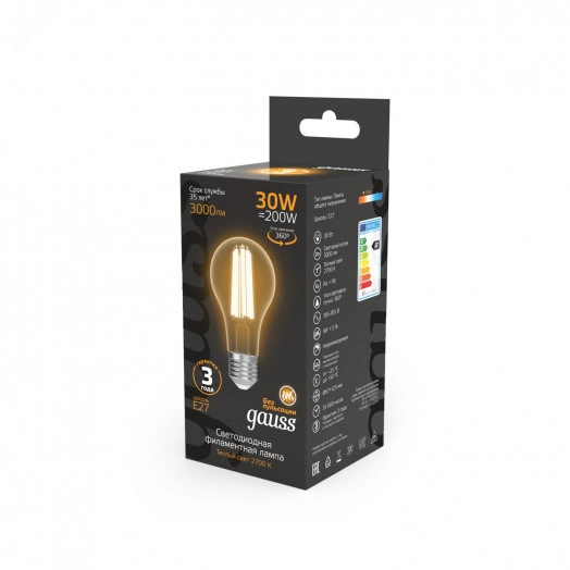 Лампа светодиодная LED 30Вт 3000Лм 2700К теплая Е27 А70 Filament Gauss