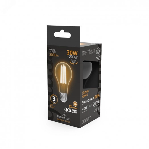 Лампа светодиодная LED 30Вт 3000Лм 2700К теплая Е27 А70 Filament Gauss