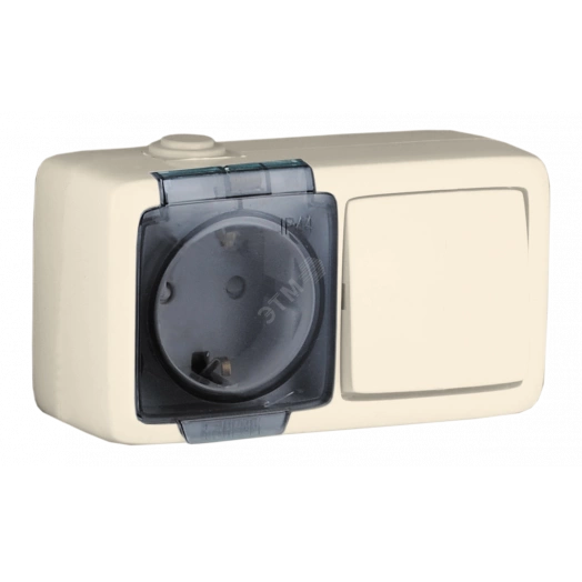 Alfa Блок с пылевлагозащитой, розетка одноместная, со шторками, с заземляющими контактами, выключатель одноклавишный, слоновая кость