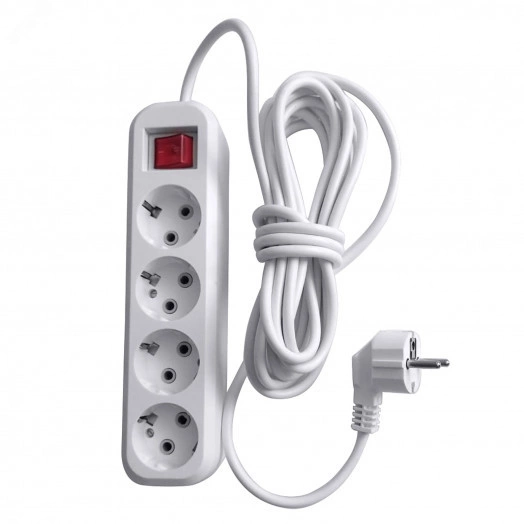 HM03-41-07 Удлинитель 4-местный с/з с выключ., 3x0,75мм2, 7м, 250В, 10А, сер Home (У10А-003), белый