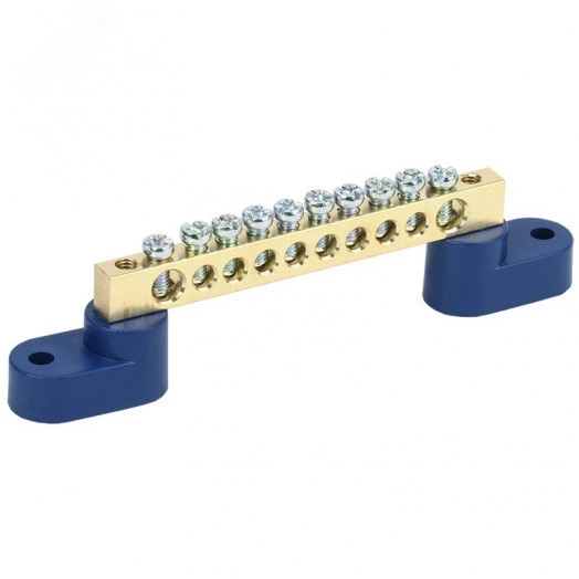 Шина ''N'' нулевая 6х9 мм на двух угловых синих изоляторах 10 групп