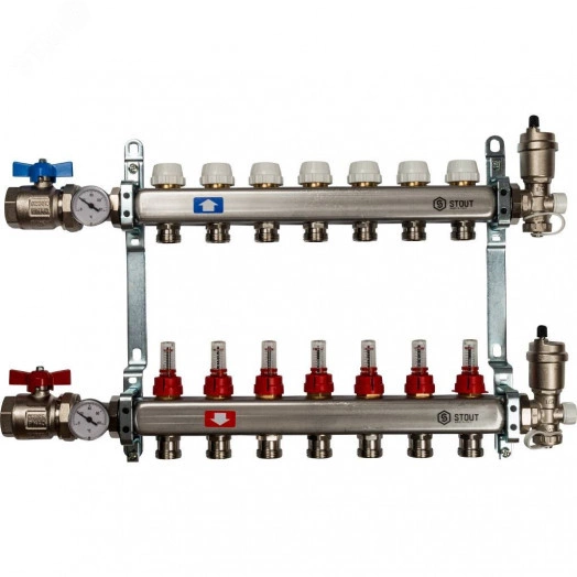 Коллектор STOUT из нержавеющей стали в сборе с расходомерами 7 выходов