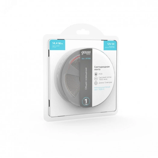 Лента светодиодная LED 14,4 Вт/м 1600Лм/м 2835-SMD 240 шт/м 12 В DC 4000K белый IP20 блистер (10 мм х 5 м ) Basic Gauss