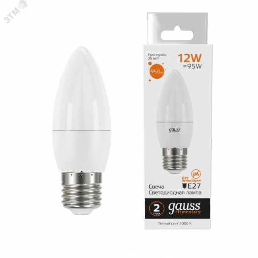 Лампа светодиодная LED 12 Вт 950 Лм теплая 3000К E27 свеча Elementary Gauss