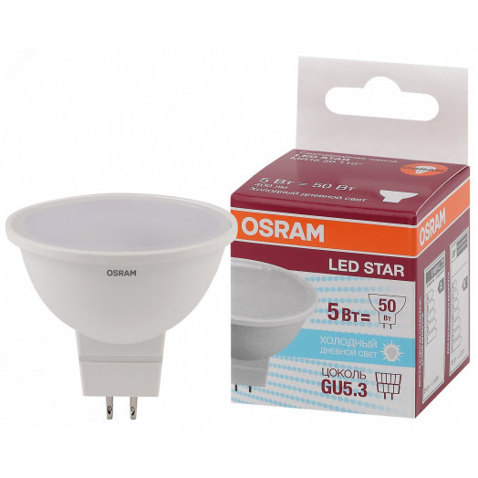 Лампа светодиодная LED 5Вт GU5.3 6500К 400лм 230V FR MR16 (замена 50Вт) OSRAM LS