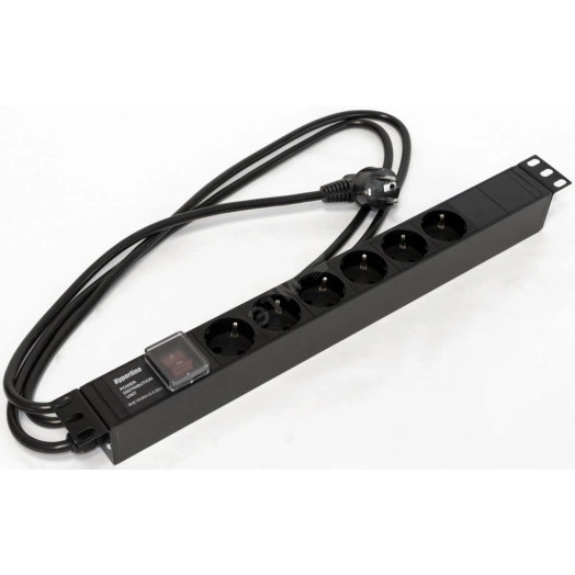 Блок розеток для 19 шкафов, горизонтальный, с выключателем с подсветкой, 6 розеток Schuko (16A), 250В, кабель питания 3х1.5мм2, длина 2.5 м, с вилкой Schuko