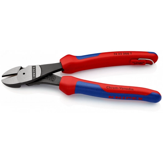 Бокорезы (кусачки боковые) голова под углом 25° рез: проволока средней твёрдости  42 мм твёрдая проволока  3 мм рояльная струна (HRC 59)  25 мм L-200 мм чёрные 2-компонентные рукоятки крепление для страховки KN-7422200T