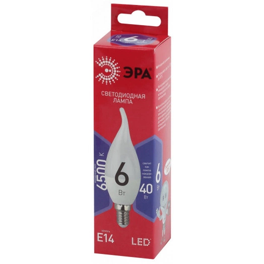 Лампа светодиодная LED BXS-6W-865-E14 R  (диод, свеча на ветру, 6Вт, хол, E14) (10/100/2800) ЭРА