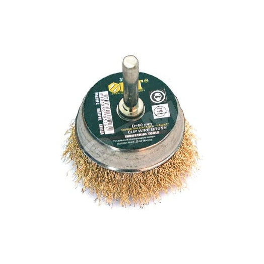 Кордщетка-чашка, со штифтом, стальная латунированная волнистая проволока 75 мм