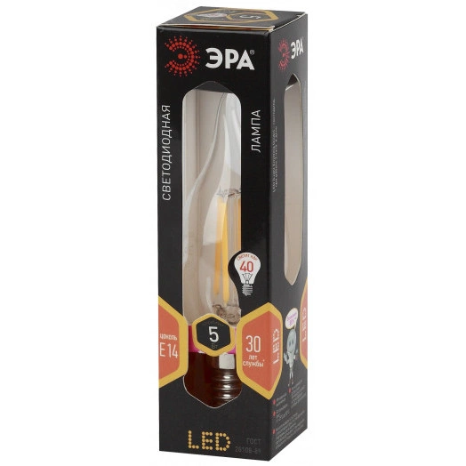 Лампа светодиодная филаментная F-LED BXS-5W-827-E14 (филамент, свеча на ветру, 5Вт, тепл, E14 (10/100/2800) ЭРА
