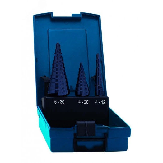 Набор сверл ступенчатых, 3 пр., HSS-E TiAlN, Gr.1/2/3, d 4-12, 4-20, 6-30 мм, прямая канавка, трехплоскостной хвостовик, CBN шлифовка