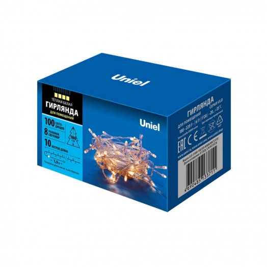 Гирлянда светодиодная 10м 100 светодиодов Теплый белый свет Провод прозрачный ULD-S1000-100/DTA WARM WHITE IP20