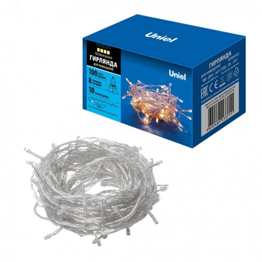 Гирлянда светодиодная 10м 100 светодиодов Теплый белый свет Провод прозрачный ULD-S1000-100/DTA WARM WHITE IP20