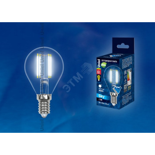 Лампа светодиодная LED 6вт 200-250В шар прозрачное 500Лм Е14 4000К Uniel Sky филамент
