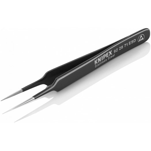 Пинцет ESD захватный прецизионный гладкие губки игловидные кончики антистатический L-110 мм нержавеющая хромоникелевая сталь хромированный KN-922871ESD
