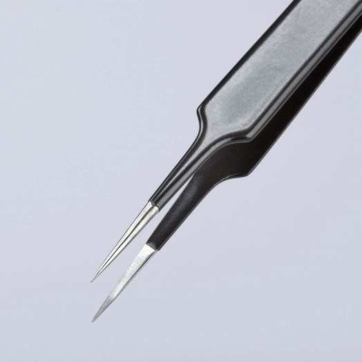 Пинцет ESD захватный прецизионный гладкие губки игловидные кончики антистатический L-110 мм нержавеющая хромоникелевая сталь хромированный KN-922871ESD