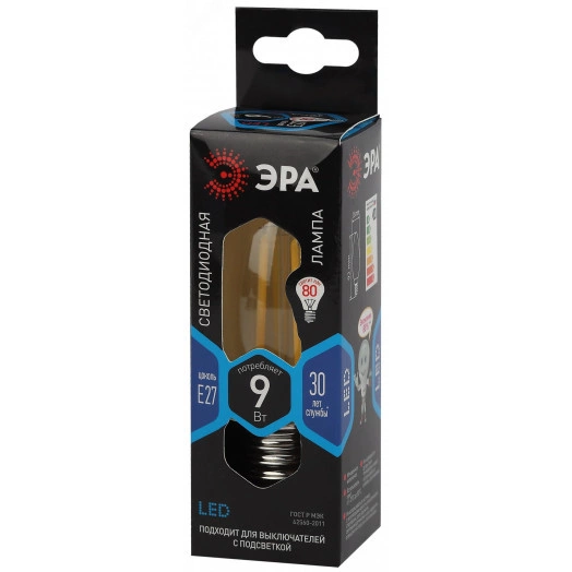 Лампа светодиодная F-LED B35-9w-840-E27  (филамент, свеча, 9Вт, нейтр, E27) (10/100/5000) ЭРА