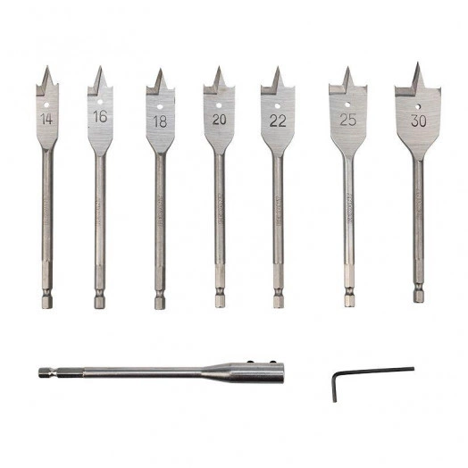 Набор сверл перовых по дереву 9 предметов: 14-16-18-20-22-25-30х152мм удлинитель ключ угловой Kranz KR-91-0762