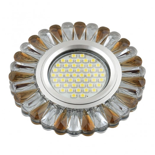 DLS-L145 GU5.3 GLASSY/TEA Светильник декоративный встраиваемый, серия Luciole. Без лампы, цоколь GU5.3. Доп. светодиодная подсветка 3Вт. Стекло. Зеркальный/прозрачный+светло-коричневый. ТМ Fametto