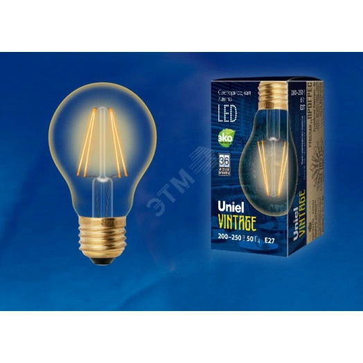 Лампа светодиодная декоративная LED 6вт 220-250В форма А 540Лм Е27 2250К золотая колба Uniel Vintage