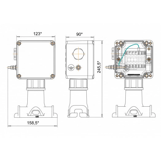 Коробка клеммная взрывозащищенная КВП с пластиковой опорой. Для подключения от 1 до 3-х плоских греющих кабелей или от 1 до 2-х сигнальных кабелей ?3-6 мм, 1 отверстие под М25, клеммная колодка 5 модулей 10 мм2 123*245*90