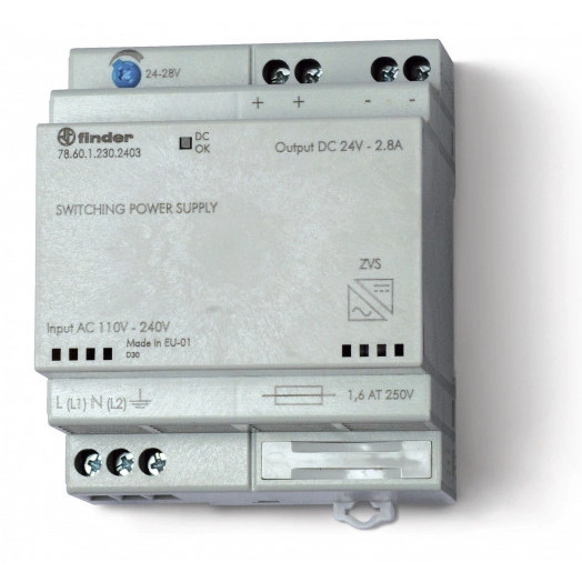 Источник питания импульсный вход 110-240В AC выход 24В DC 60Вт модульный 70мм предохранитель входной цепи настройка выходного напряжения зарядка аккумуляторов IP20 (1шт)