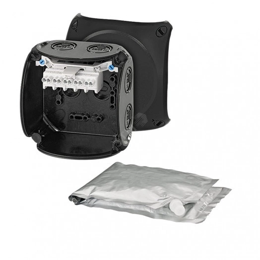 Коробка клеммная с компаундом 104х104х70 мм IP68 500мл 7хМ20/M25 5-пол. 1.5-4кв.мм черная