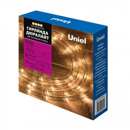 Гирлянда светодиодная Дюралайт 8м ULD-D50 8M/С08 IP44 WARM WHITE С контроллером Теплый белый свет Провод белый