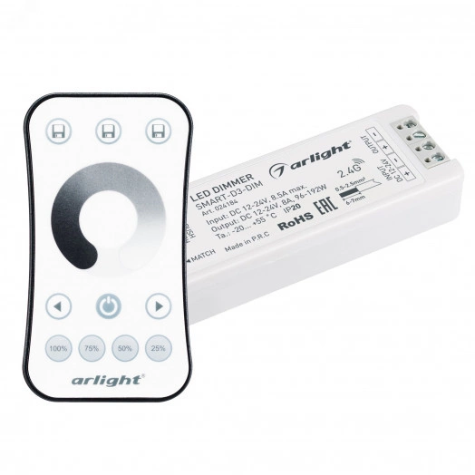 Диммер SMART-DIM-SET-RING (12-24V, 1x8A, ПДУ 2.4G) (Arlight, IP20 Пластик, 5 лет)