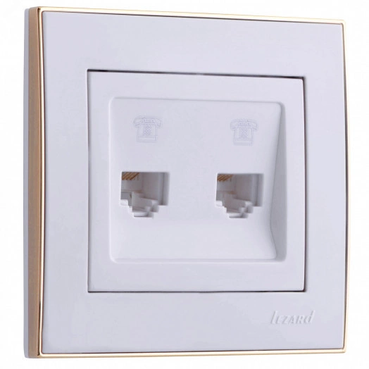 Розетка RAIN телефонная 2-ая евро белая с боковой вставкой золото