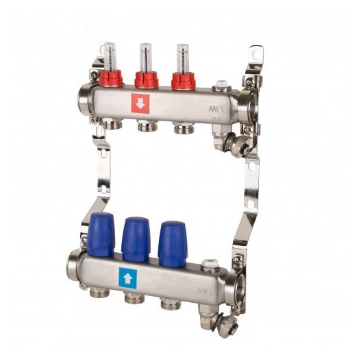 Коллекторная группа с расходомерами 1' х 3 выхода 3/4' НР евроконус с дренажным краном и воздухоотводчиком