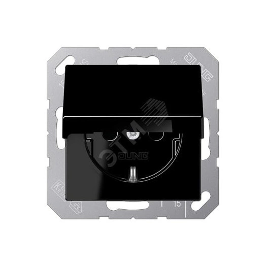 Штепсельная розетка SCHUKO одинарная, с заземлением, с крышкой, без шторок, 16A, 250В  (механизм + накладка, без рамки). Серия A500  Материал- дуропласт  Цвет- черный