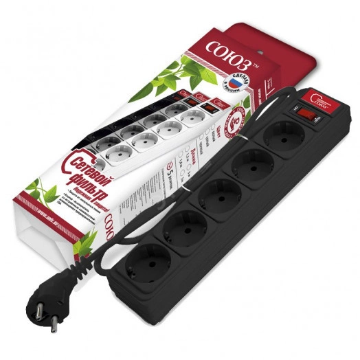 Сетевой фильтр ''СОЮЗ'' ПВС 3*0,75 5гн.1,5м, выкл ючатель с индикацией, с/з, черный, премиум упаковкa