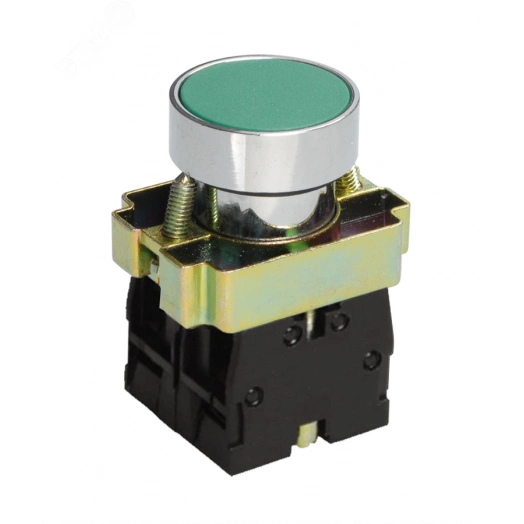 Выключатель кнопочный LAY5-BA35, зелёный, 1НО+1НЗ, цилиндр, хром, без подсветки, d22мм  (ЭТ)