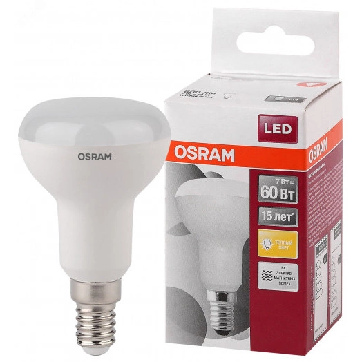 Лампа светодиодная LED 7Вт Е14 STAR R50(замена 60Вт), теплый белый свет Osram