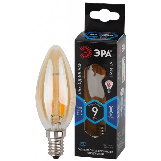 Лампа светодиодная F-LED B35-9W-840-E14 gold  (филамент, свеча золот, 9Вт, нетр, E14) (10/100/4000) ЭРА