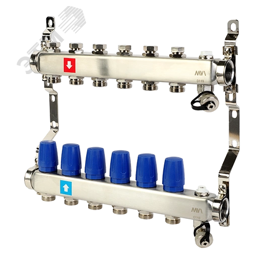 Коллекторная группа с ручными регулировочными клапанами 1' х 6 выходов 3/4' НР евроконус с дренажным краном и воздухоотводчиком (MS.606.06)