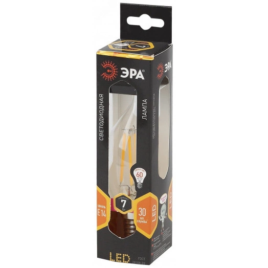 Лампа светодиодная филаментная F-LED BXS-7W-827-E14 (филамент, свеча на ветру, 7Вт, тепл, E14 (10/100/2800) ЭРА (Б0027944)